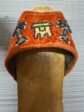 Vintage wooden shoes hand-carved and painted tropical scenes palm tree